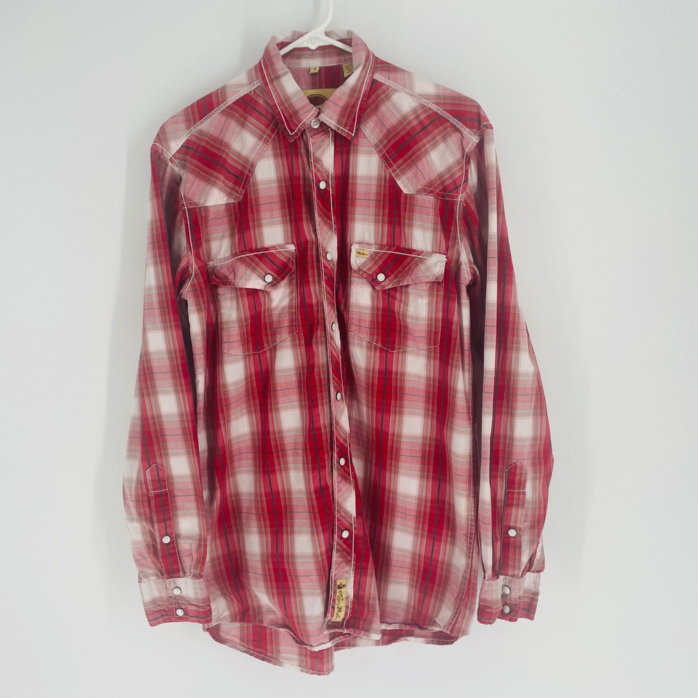 Larry Mahan Mens Red Plaid Western Pearl‎ Snap Shirt Long Sleeve Cotton size S